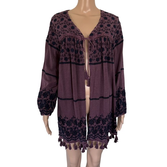 Indigo Thread Co Sweaters - Boho Purple Embroidered Floral Tassel Kimono Cardigan Duster L Whimsigoth Fairy
